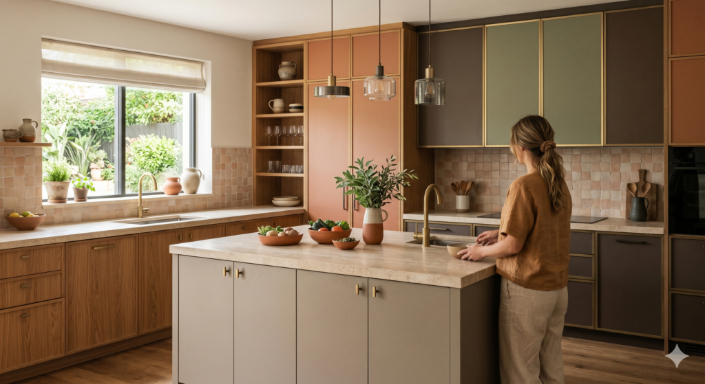 Cozinha com tons terrosos e elementos naturais